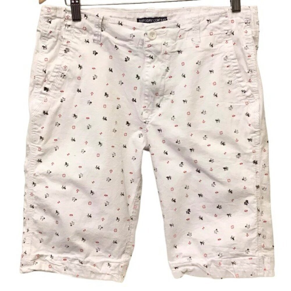 Superdry 34 Men’s Shorts White Nautical Red Blue Print Stretch Actual 33x11